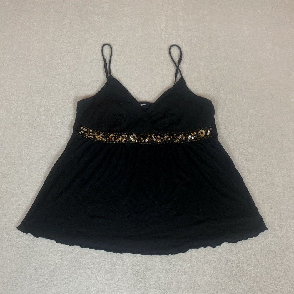Mossimo Black Sequin Cami Top Babydoll Empire Waist Y2K Spaghetti Strap Small